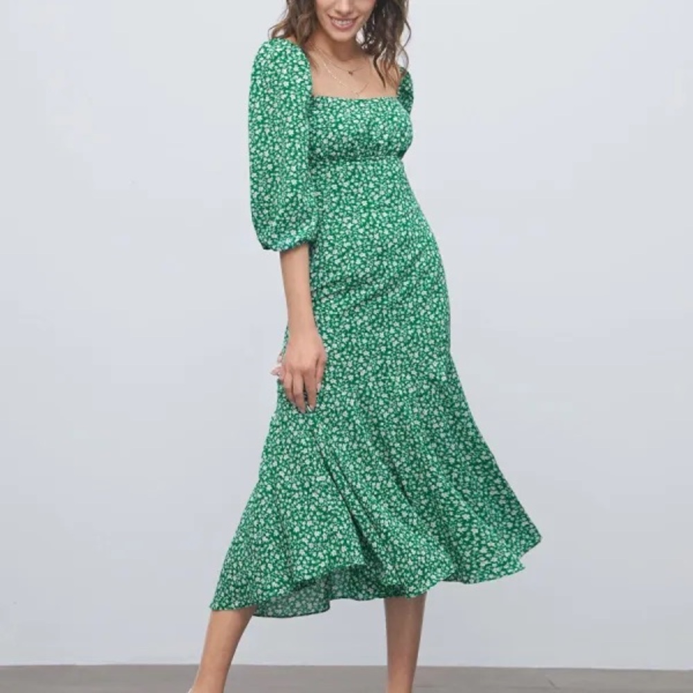 Commense Floral Green Square Neck Puff Sleeve Midi Dress